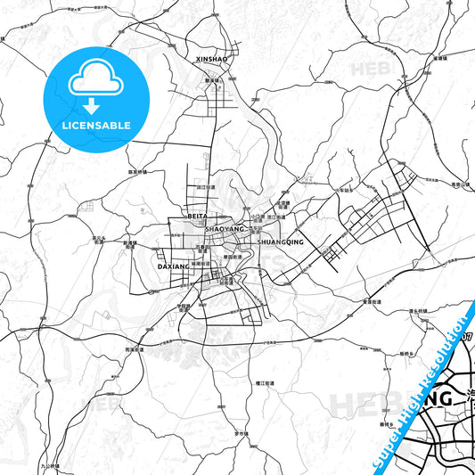 Shaoyang, China light map with streetnames, citynames and districts