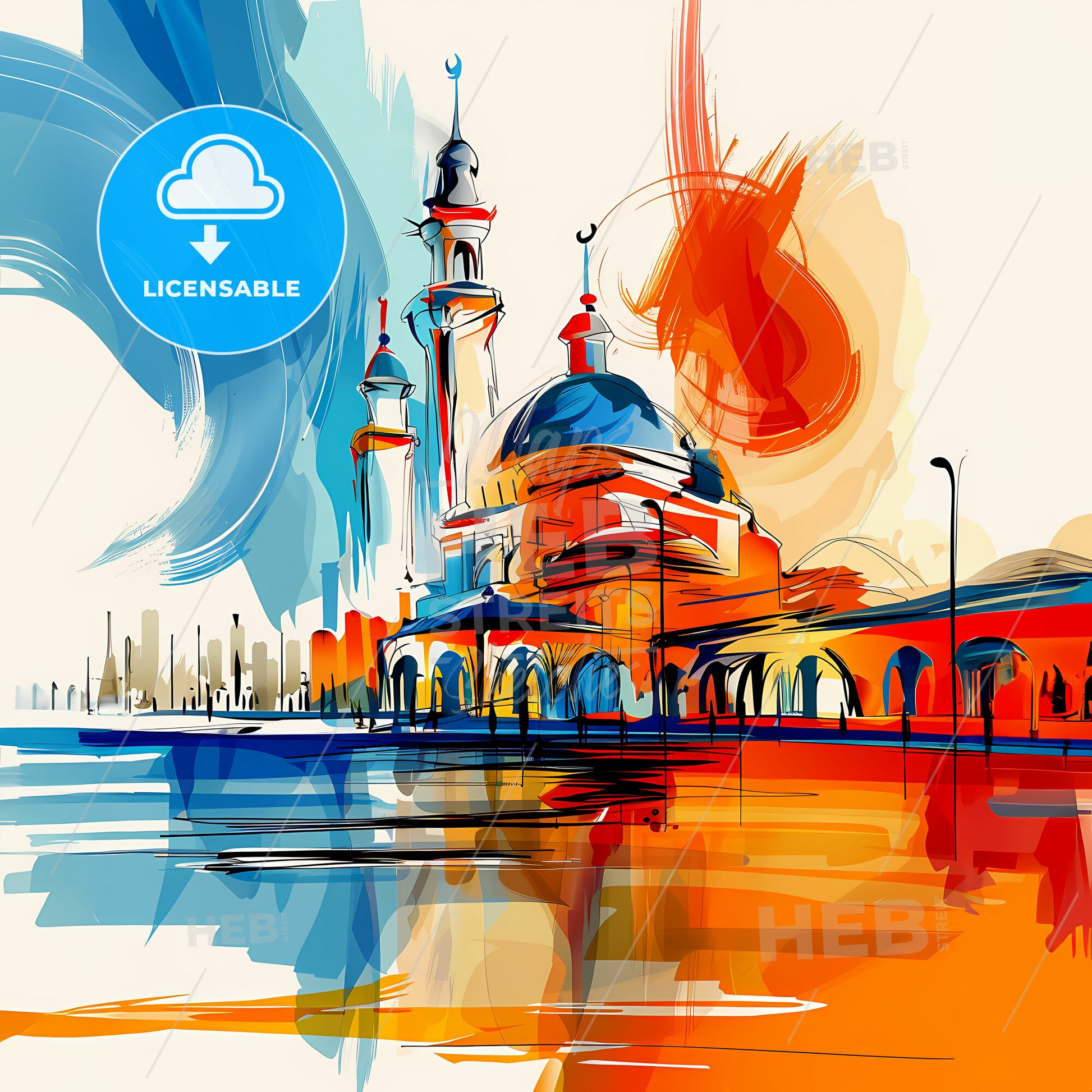 Vibrant Sharjah  , United Arab Emirates - A Painting Of A Building With Towers And A Blue And Orange Background