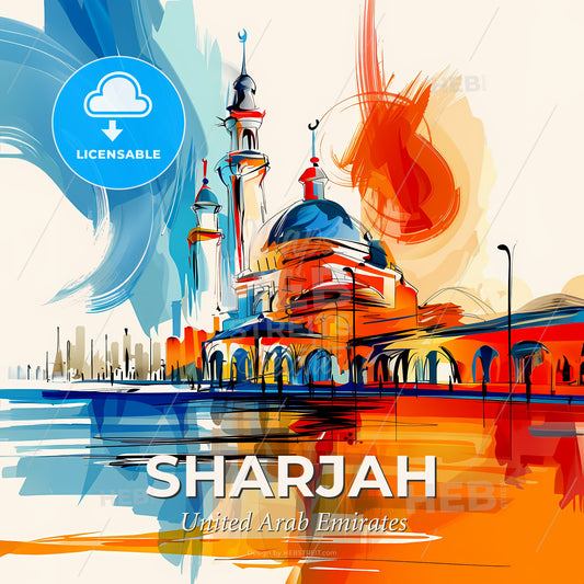 Vibrant Sharjah  , United Arab Emirates - A Painting Of A Building With Towers And A Blue And Orange Background - Square format print template