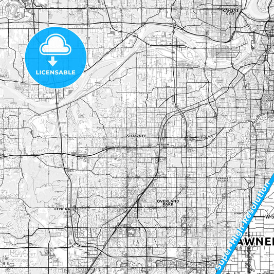 Shawnee, Kansas light map with streetnames, citynames and districts