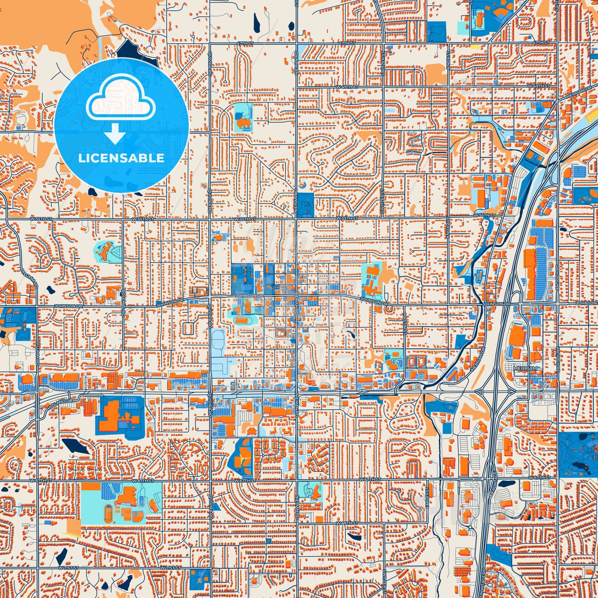 Colorful Shawnee Street Map with Labels and Buildings