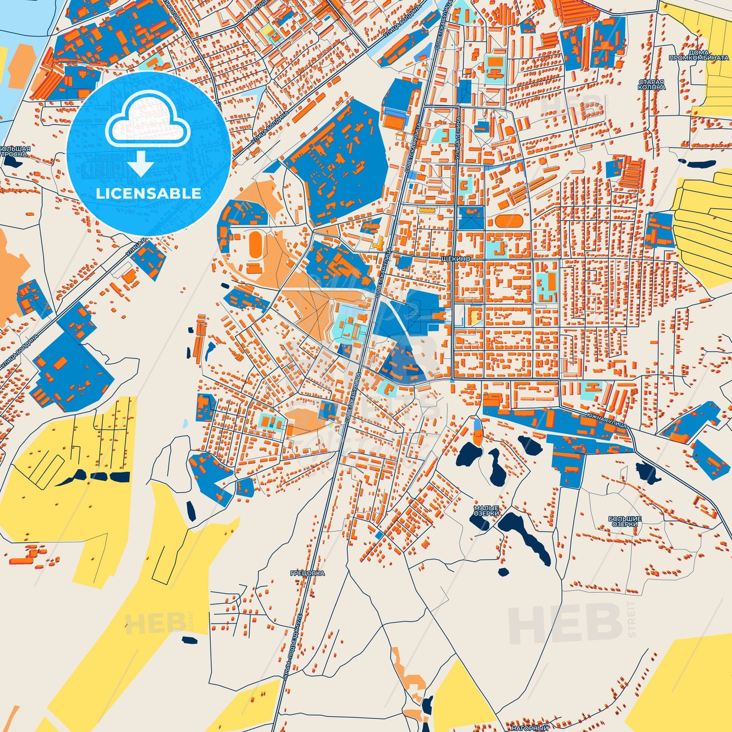 Colorful Shchyokino Street Map with Labels and Buildings