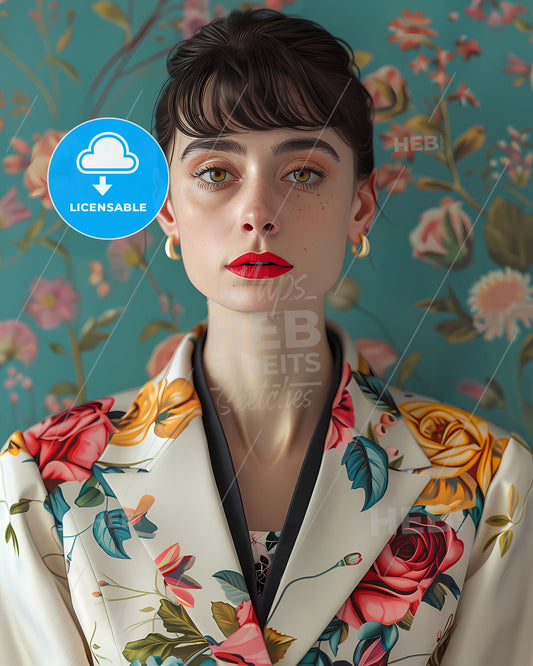 Floral Blazer Neo-pop Art Pastelle Illustration, SD Character Woman Red Lips Flat
