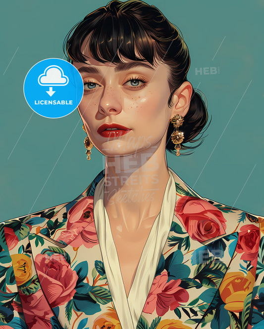 Vibrant Neo-Pop Art Illustration of a Freckled Woman in a Floral Pastel Blazer, Miwa Komatsu Inspired, Simple Digital Art Character, Flat Illustration