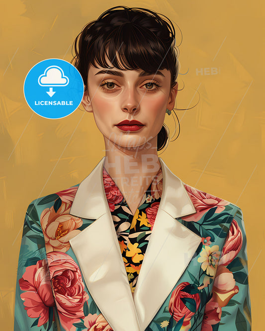 Vibrant Pastel Neo-Pop Art Illustration: Fashionable Woman in Floral Blazer, Cute SD Character, Miwa Komatsu Inspired, Simplified Flat Style