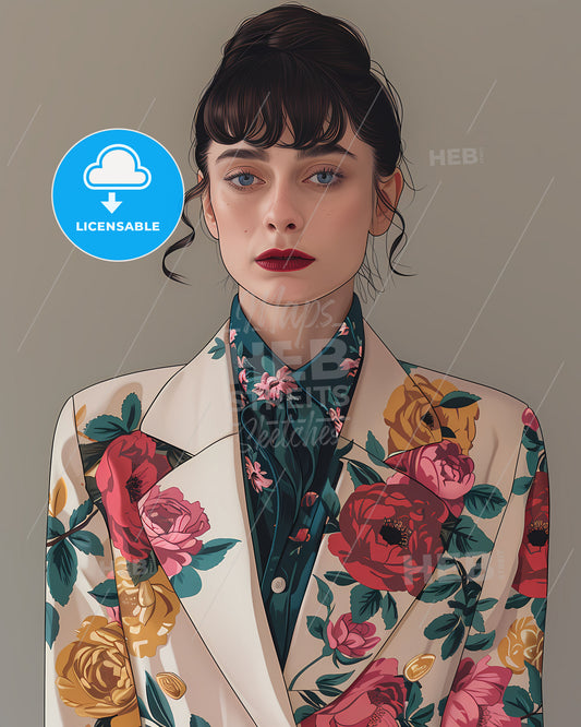 Spring Blooms in a Floral Fusion: Pastel-Infused Neo-Pop Illustration Depicting a Woman in a Vibrant Blazer