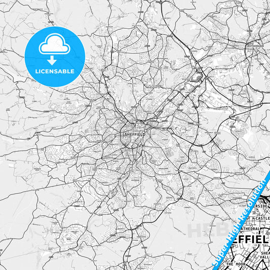 Sheffield, England light map with streetnames, citynames and districts