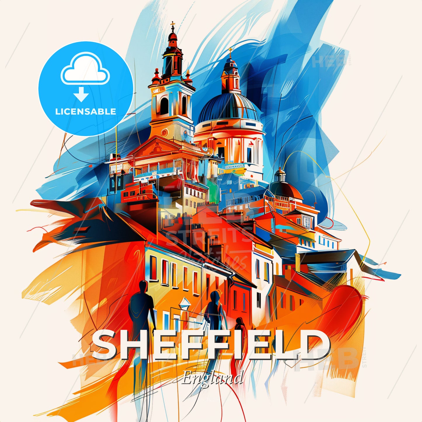 Vibrant Sheffield, England - A Colorful Painting Of Buildings And A Building - Square format print template