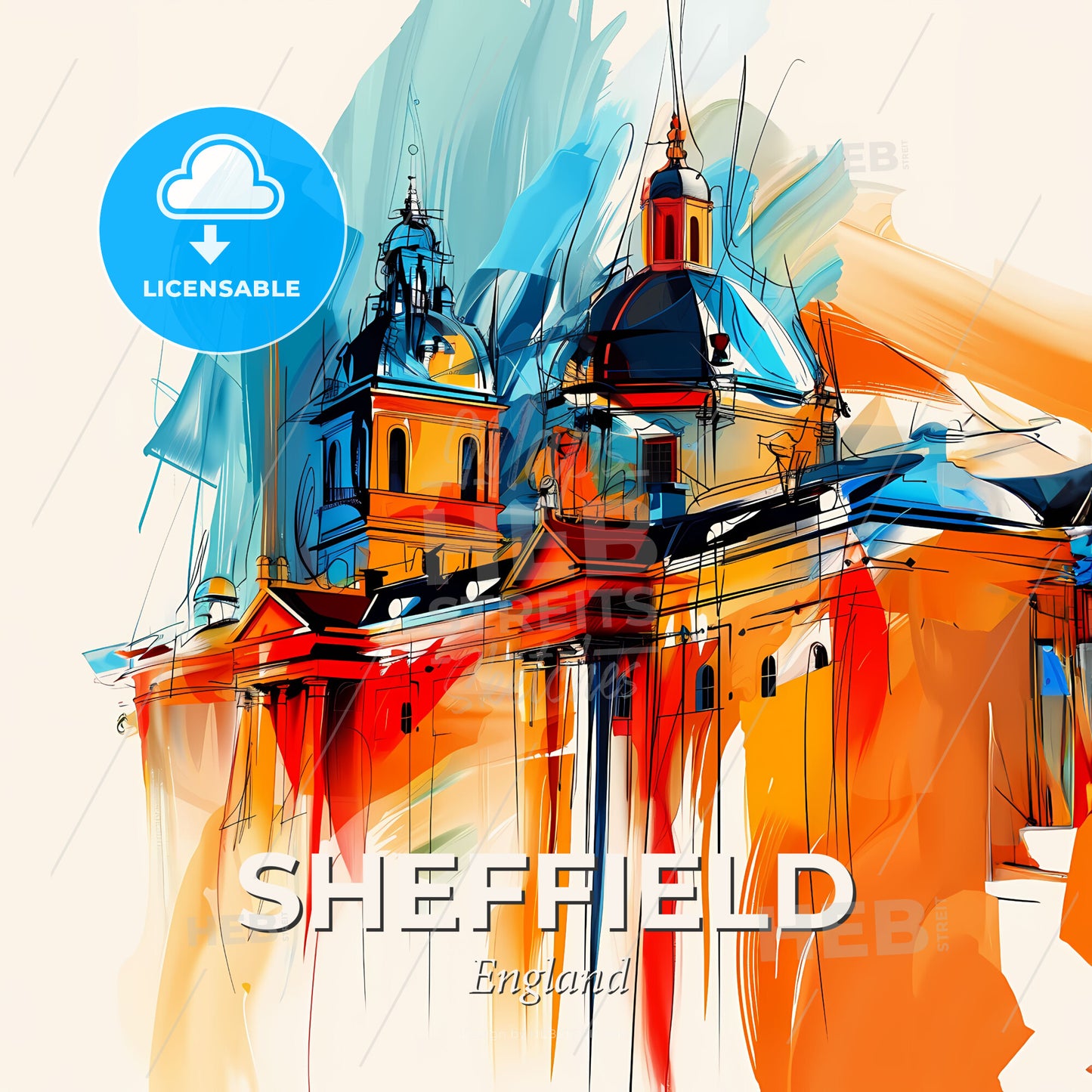 Vibrant Sheffield, England - A Painting Of A Building - Square format print template