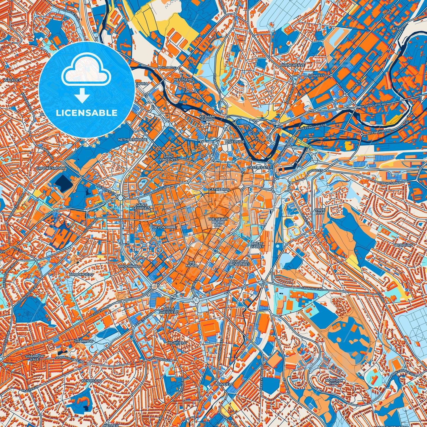 Colorful Sheffield Street Map with Labels and Buildings