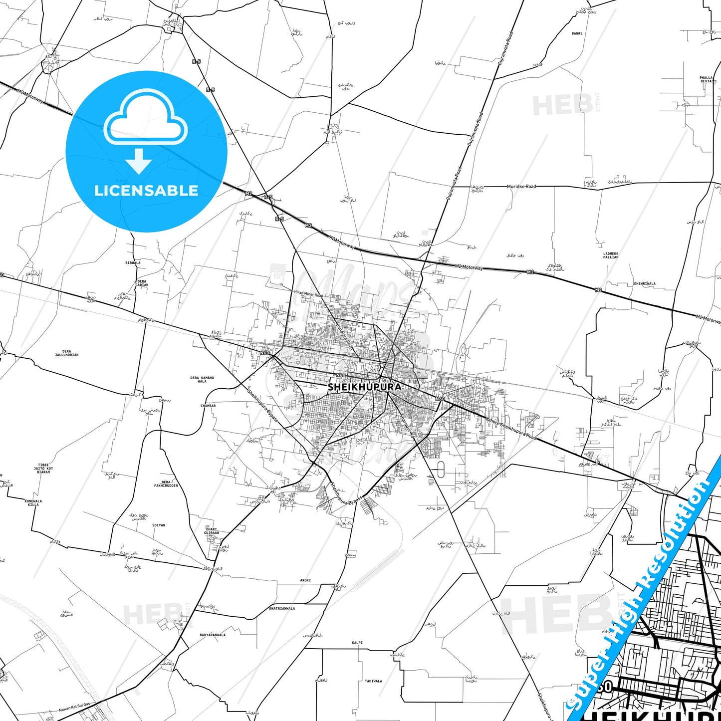 Sheikhupura, Pakistan light map with streetnames, citynames and districts
