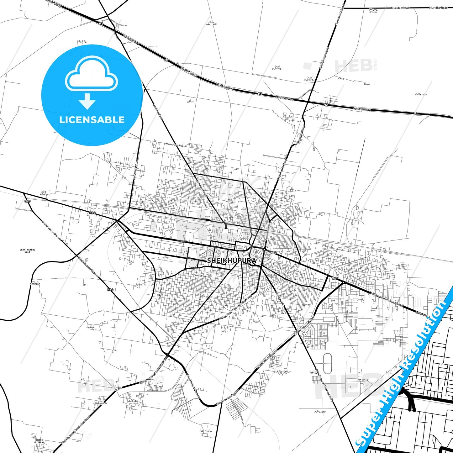 Sheikhupura, Pakistan Light Map with Street Names, City Names, and Districts
