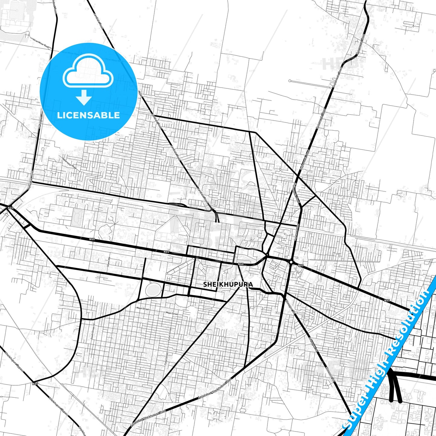Sheikhupura, Pakistan Light Map with Street Names, City Names, and Districts