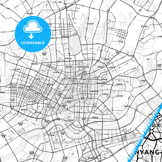 Shenyang, China light map with streetnames, citynames and districts