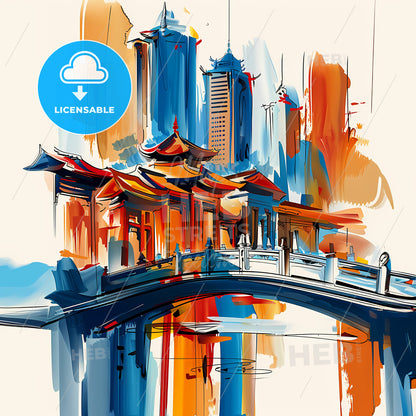 Vibrant Shenyang, China - A Painting Of A Bridge Over A City