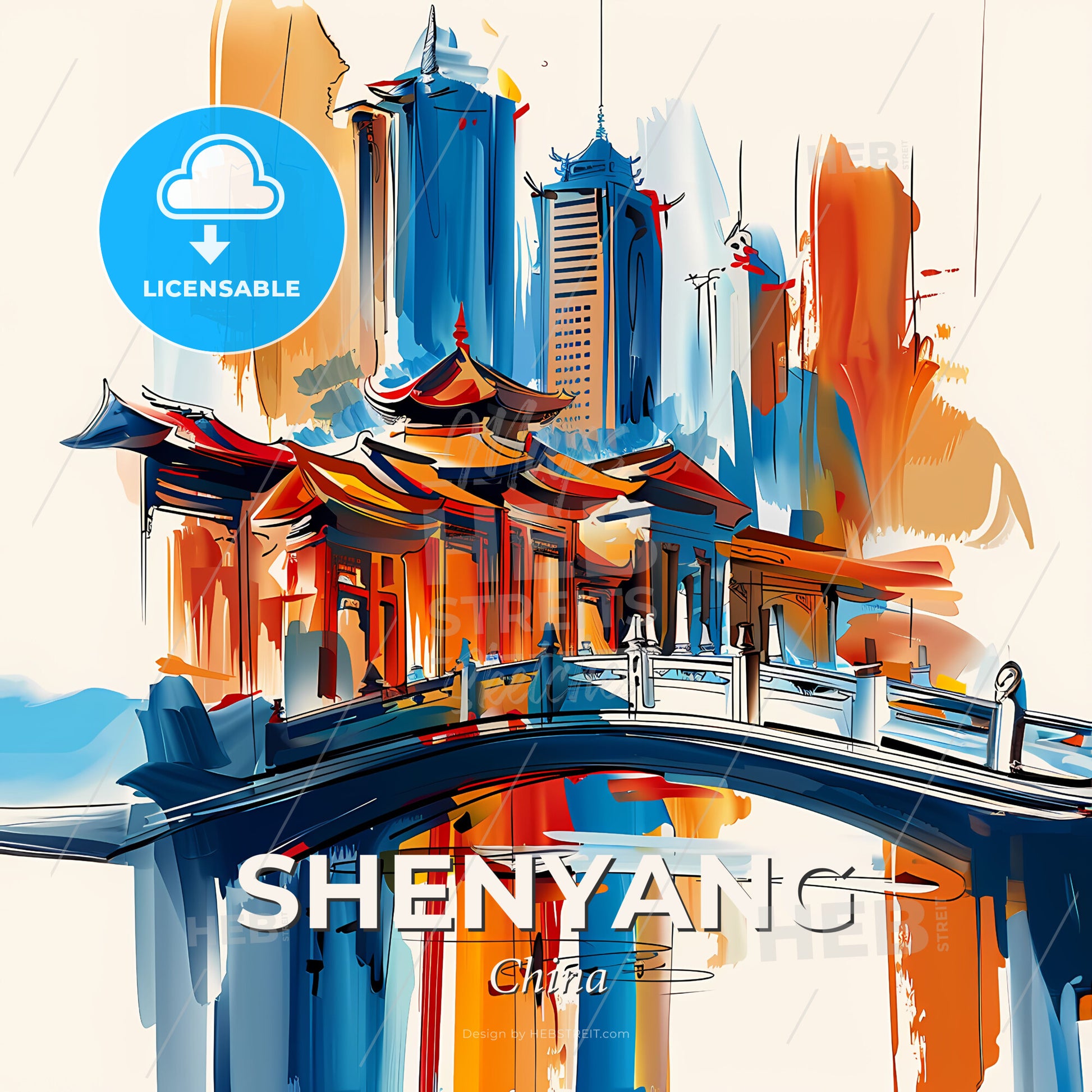 Vibrant Shenyang, China - A Painting Of A Bridge Over A City - Square format print template