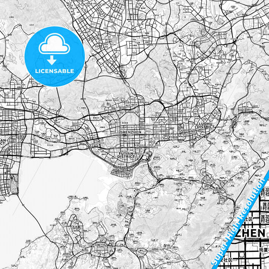 Shenzhen, China light map with streetnames, citynames and districts