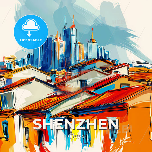 Vibrant Shenzhen, China - A Group Of Buildings With A City In The Background - Square format print template