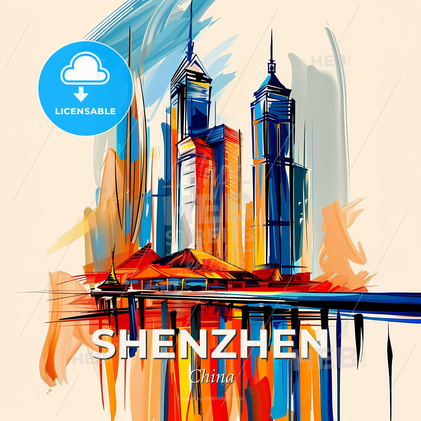 Vibrant Shenzhen, China - A Painting Of A City - Square format print template