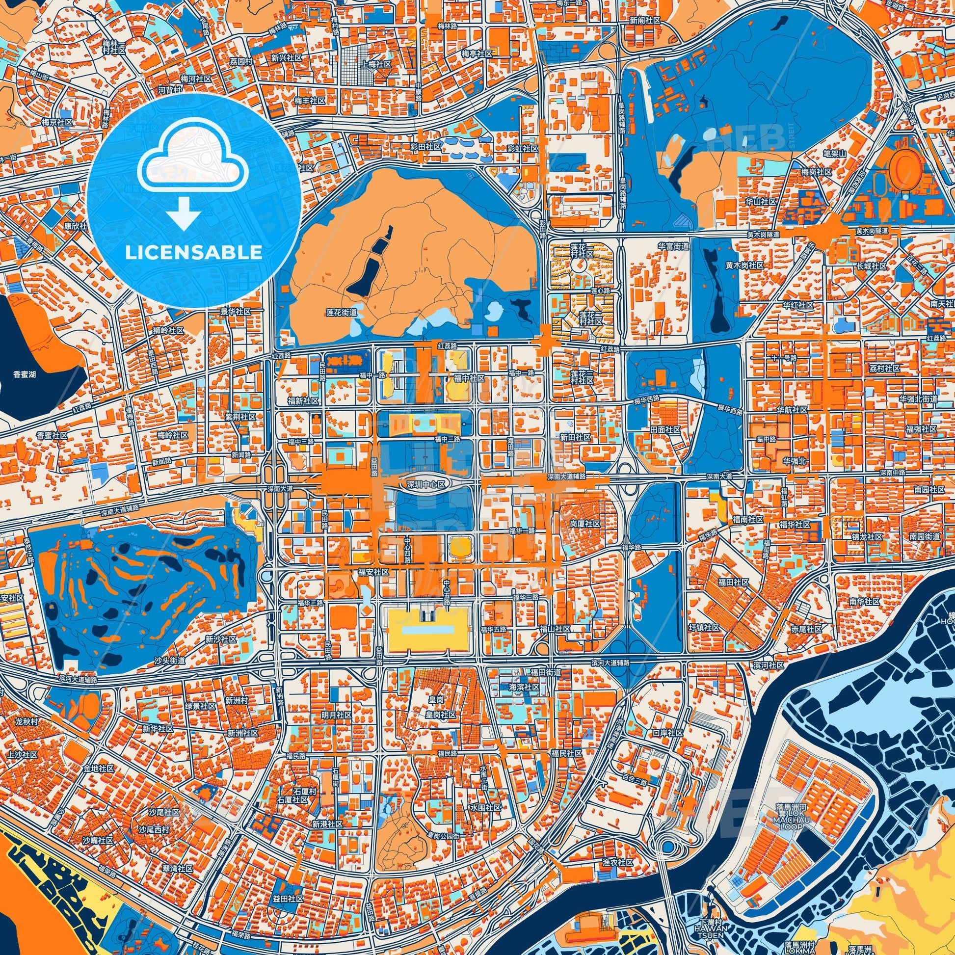 Colorful Shenzhen Street Map with Labels and Buildings