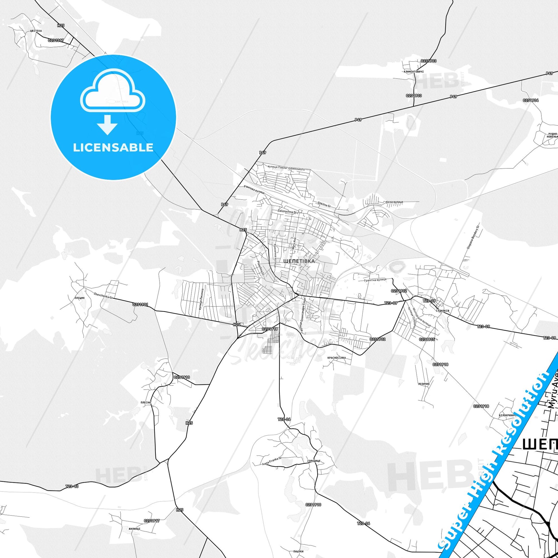 Shepetivka, Ukraine light map with streetnames, citynames and districts