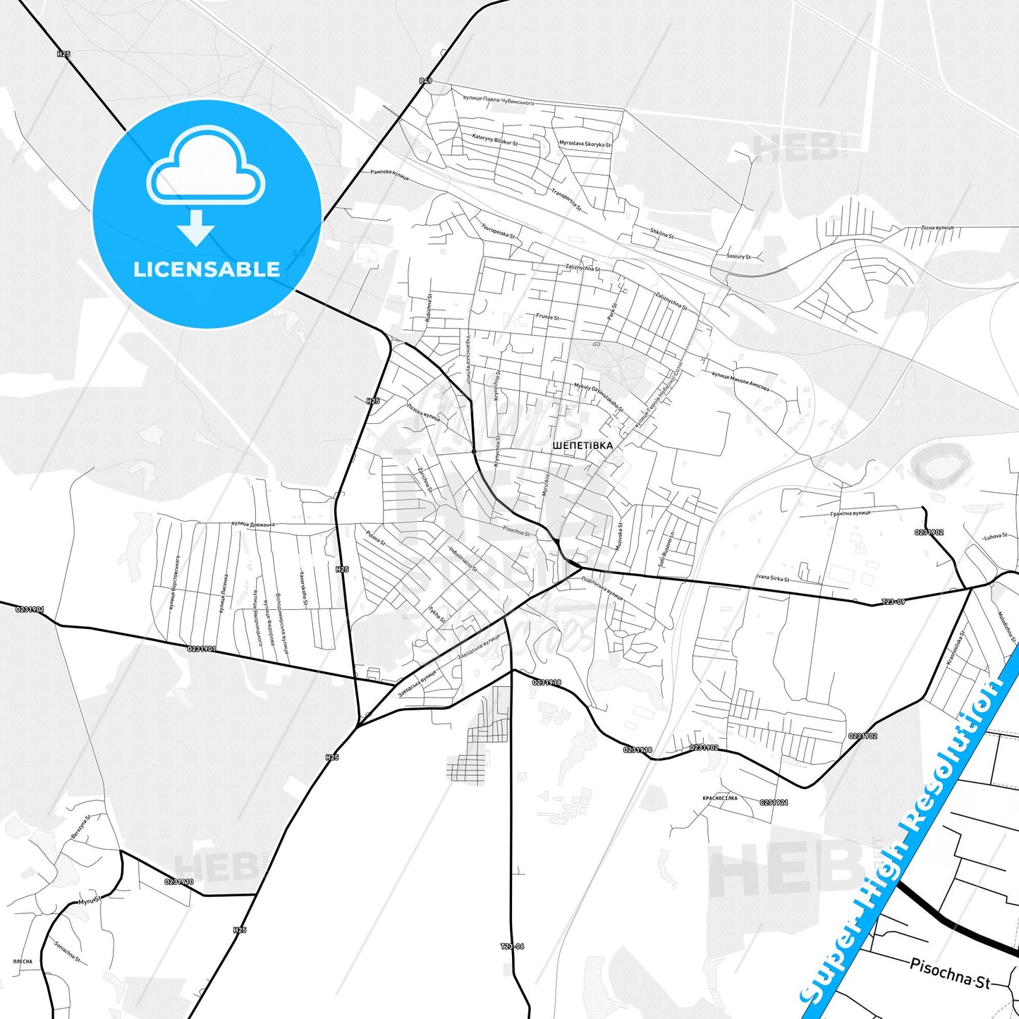 Shepetivka, Ukraine Light Map with Street Names, City Names, and Districts