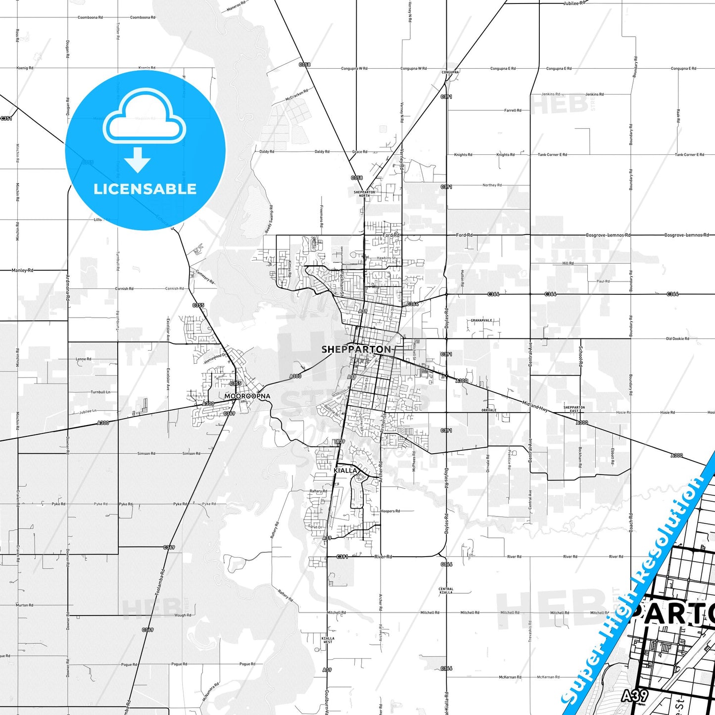 Shepparton–Mooroopna, Australia light map with streetnames, citynames and districts