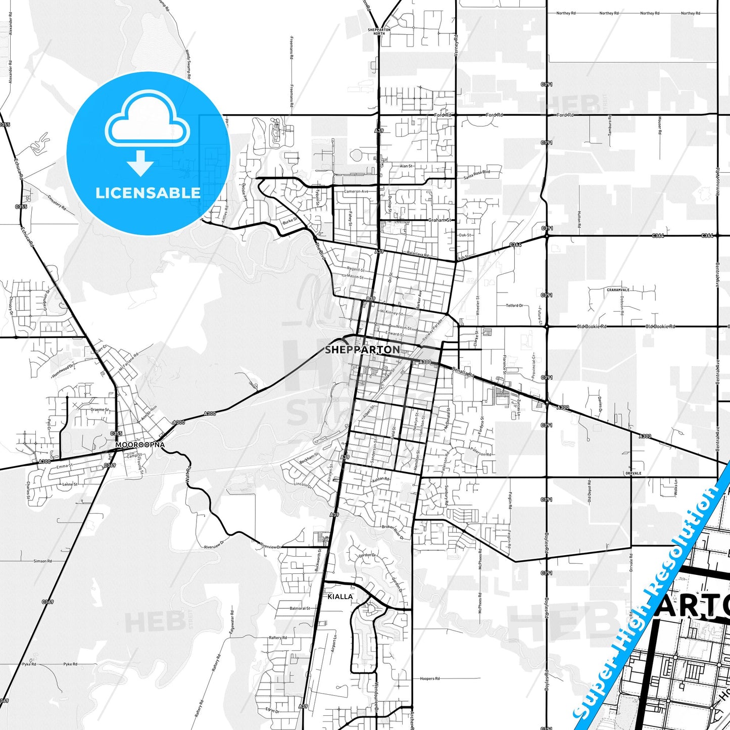 Shepparton–Mooroopna, Australia Light Map with Street Names, City Names, and Districts