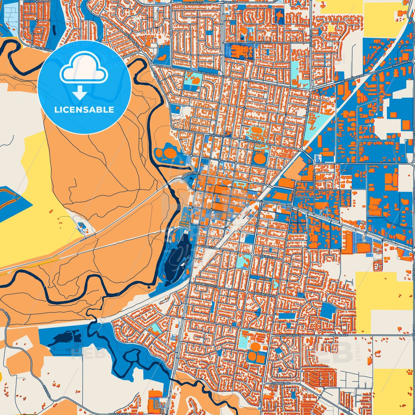 Colorful Shepparton–Mooroopna Street Map with Labels and Buildings