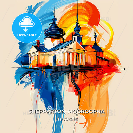 Vibrant Shepparton–Mooroopna, Australia - A Painting Of A Building With A Colorful Background - Square format print template