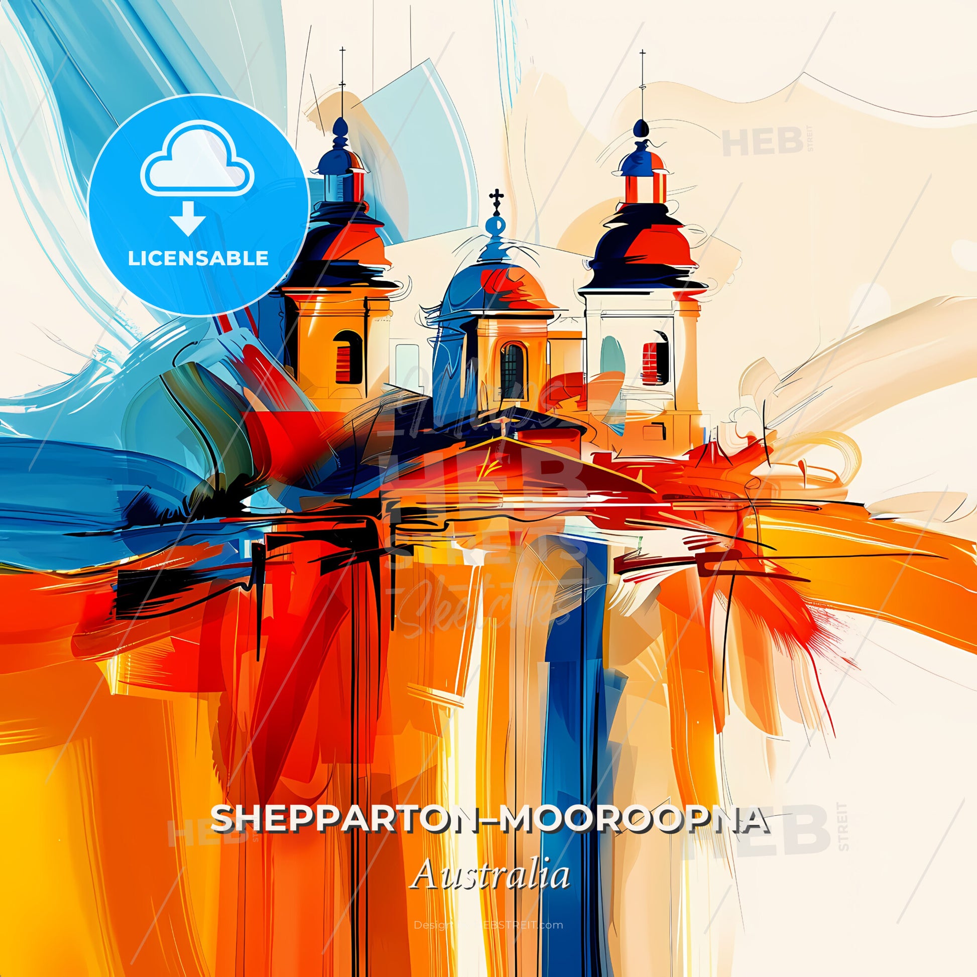 Vibrant Shepparton–Mooroopna, Australia - A Painting Of A Building With Towers - Square format print template