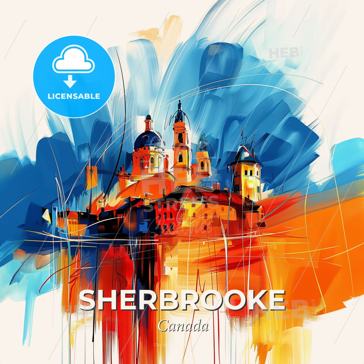 Vibrant Sherbrooke, Canada - A Painting Of A Building With A Blue And Orange Background - Square format print template