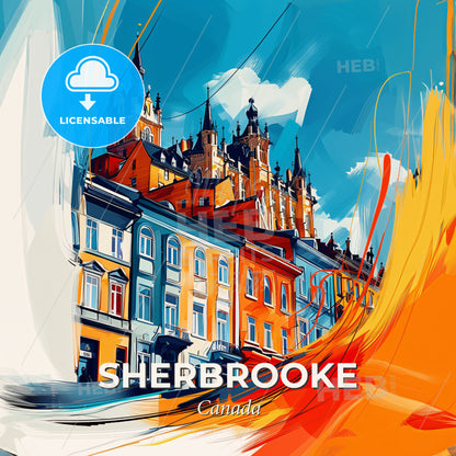 Vibrant Sherbrooke, Canada - A Painting Of A Skyline With A Colorful Building - Square format print template