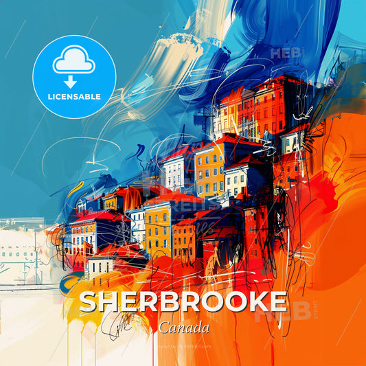 Vibrant Sherbrooke, Canada - A Painting Of Buildings And Blue Sky - Square format print template