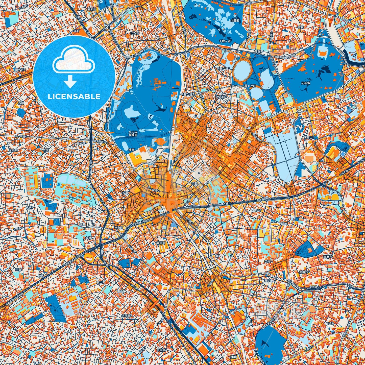 Colorful Shibuya Street Map with Labels and Buildings