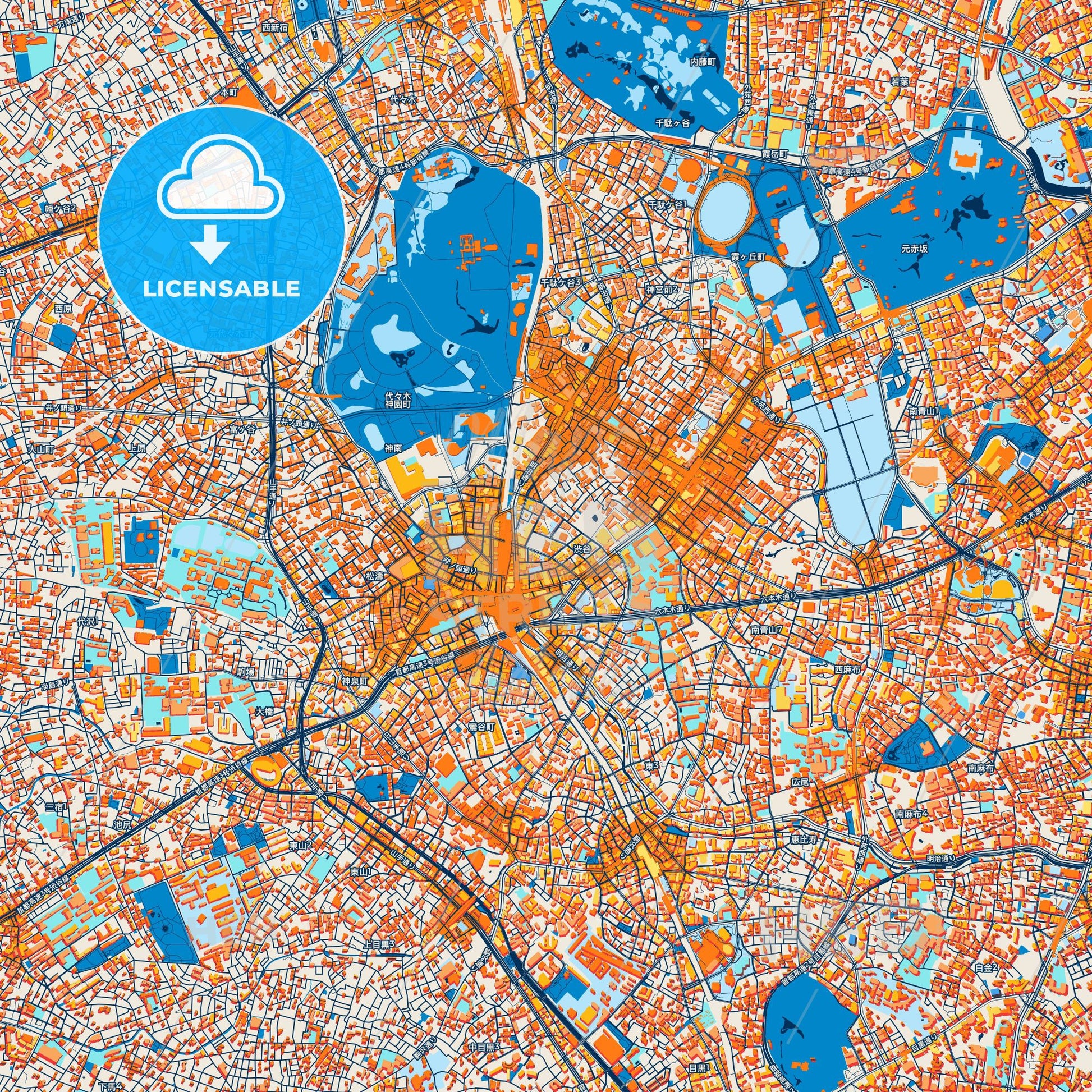 Colorful Shibuya Street Map with Labels and Buildings