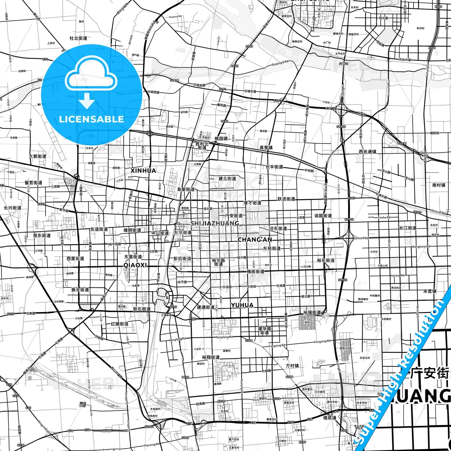 Shijiazhuang, China light map with streetnames, citynames and districts