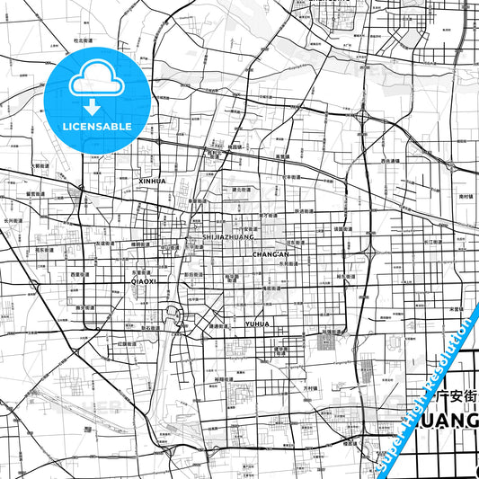 Shijiazhuang, China light map with streetnames, citynames and districts