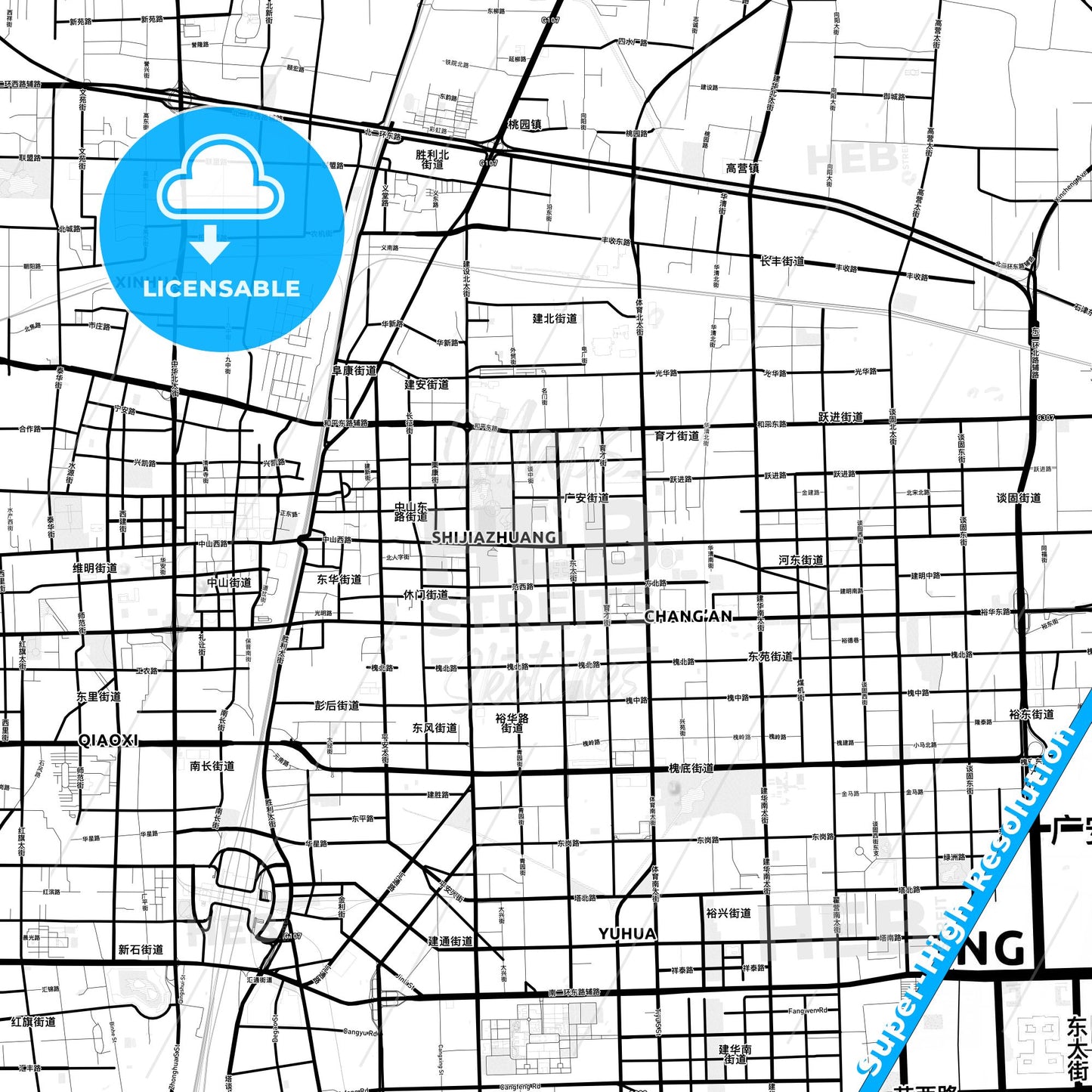 Shijiazhuang, China Light Map with Street Names, City Names, and Districts
