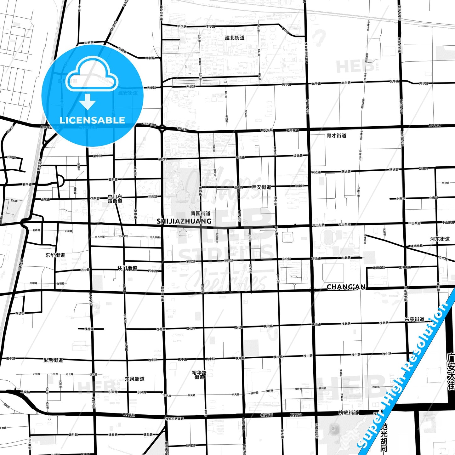 Shijiazhuang, China Light Map with Street Names, City Names, and Districts