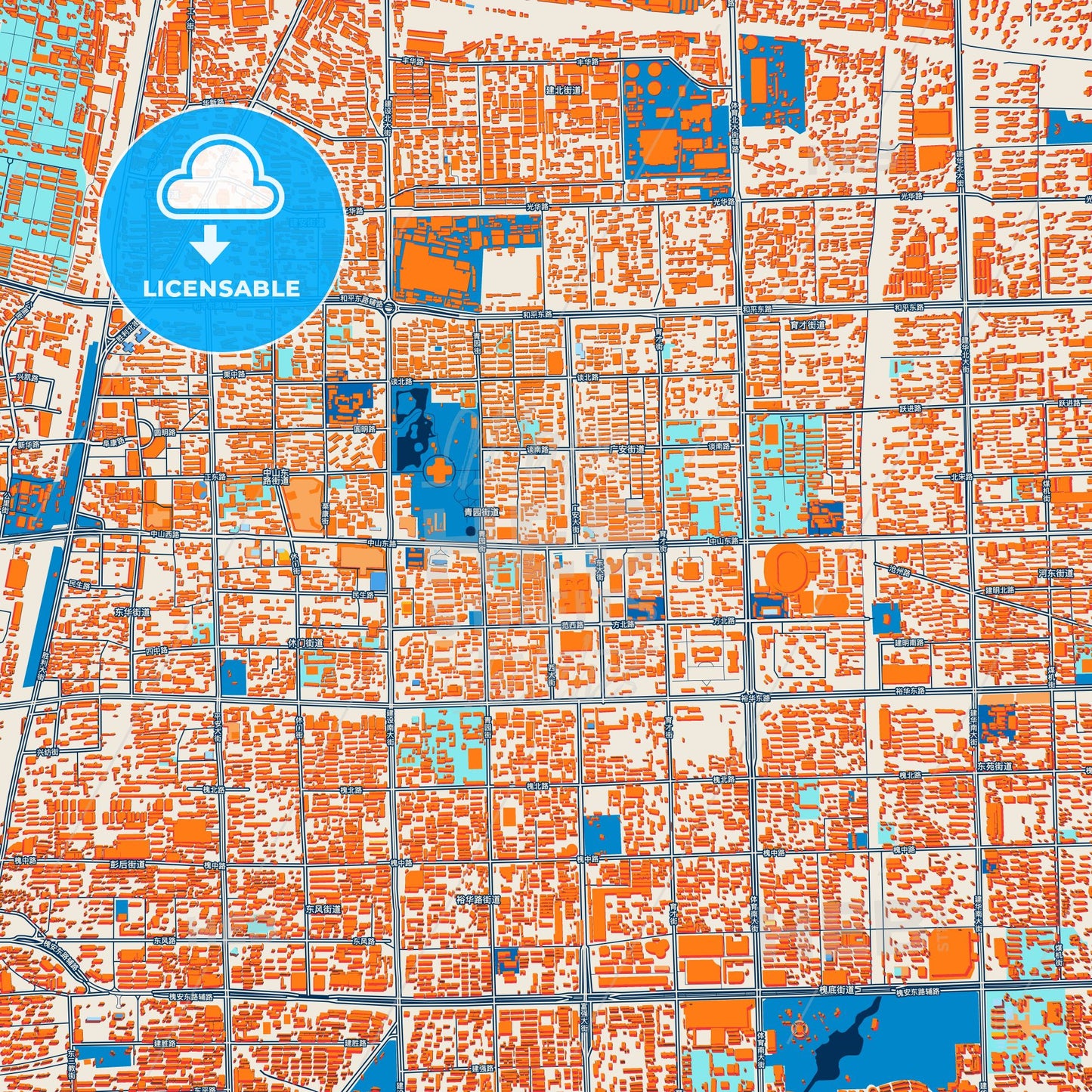 Colorful Shijiazhuang Street Map with Labels and Buildings