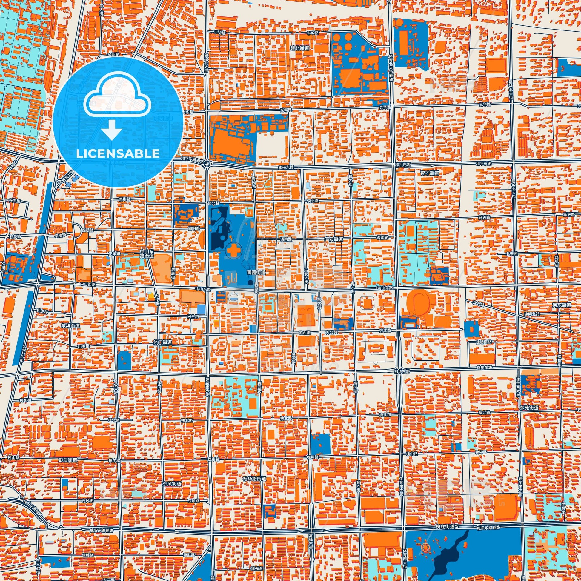 Colorful Shijiazhuang Street Map with Labels and Buildings