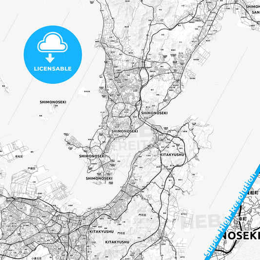 Shimonoseki, Japan light map with streetnames, citynames and districts