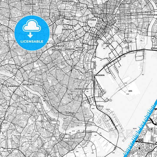 Shinagawa, Japan light map with streetnames, citynames and districts