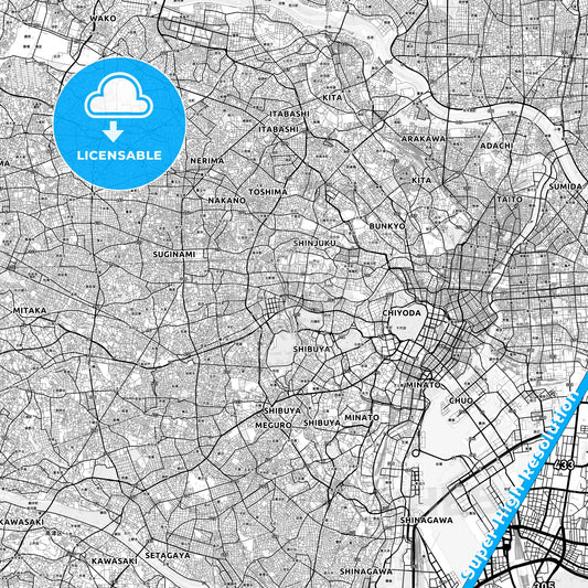 Shinjuku, Japan light map with streetnames, citynames and districts