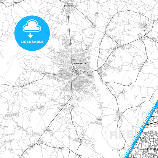 Shinyanga, Tanzania light map with streetnames, citynames and districts