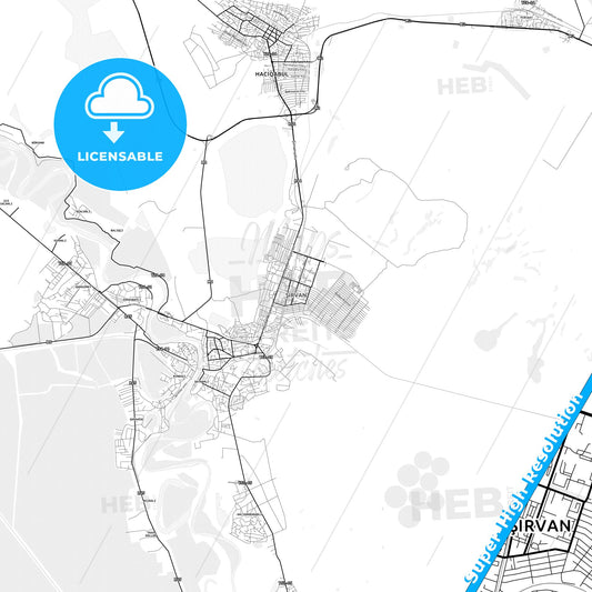 Shirvan, Azerbaijan light map with streetnames, citynames and districts