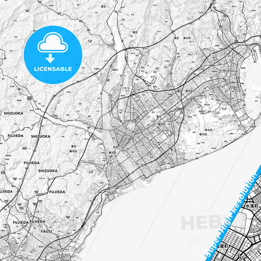 Shizuoka, Japan light map with streetnames, citynames and districts
