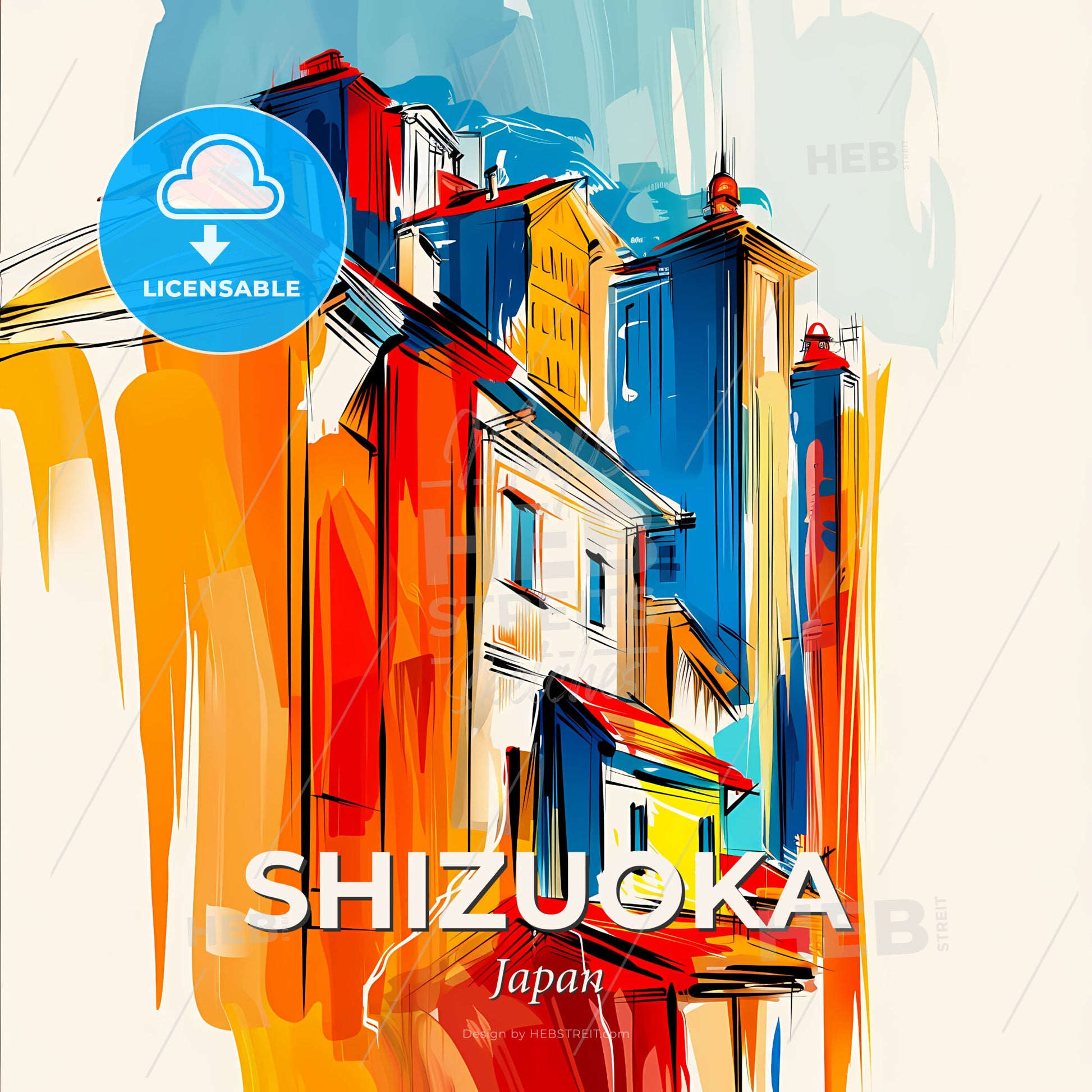 Vibrant Shizuoka, Japan - A Colorful Drawing Of Buildings - Square format print template