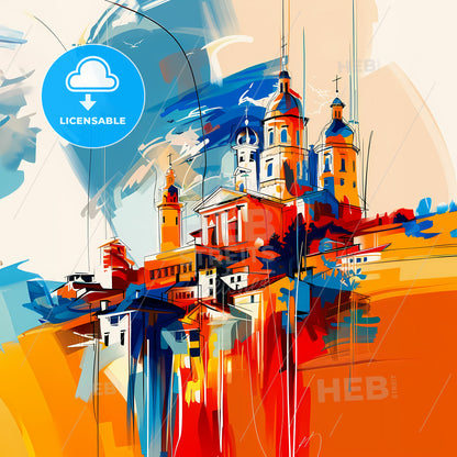 Vibrant Shizuoka, Japan - A Painting Of A Building With Towers And A Blue Sky